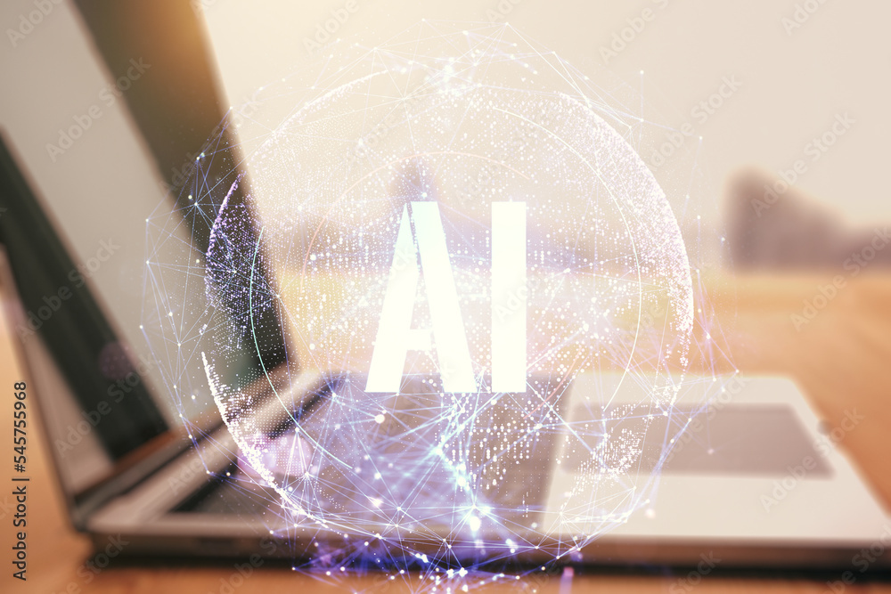 Aufkleber Creative artificial Intelligence symbol concept with modern computer on background. Double exposure