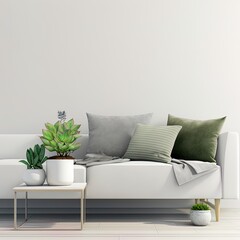Interior mock up with gray velvet sofa, green pillows, coffee table and succulents in living room with white wall. 3D rendering.