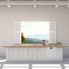 Exterior plaster wall with white window with shutters, showing interior minimalist wooden kitchen with island, blank background with copy space, architecture design concept, 3d illustration