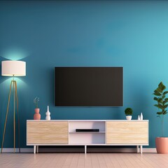 TV on the cabinet in modern living room on blue wall background,3d rendering
