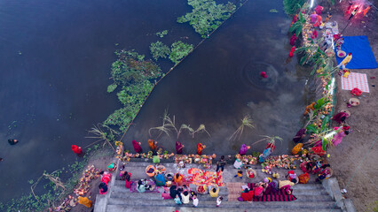 Aerial view of Chhath puja festival celebrated in the Indian states of Bihar, Uttar Pradesh, West...