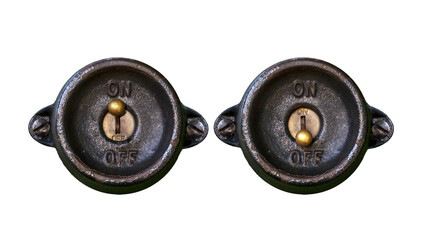 Antique steampunk style metal on-off switch in on and off position isolated PNG illustration on a...