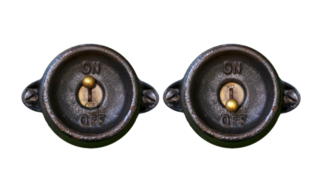 Antique steampunk style metal on-off switch in on and off position isolated PNG illustration on a transparent background	
 - Powered by Adobe