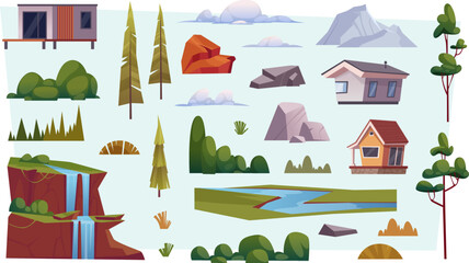 Landscape creation kit. Trees grass plants mountains and sand exact vector cartoon constructor elements