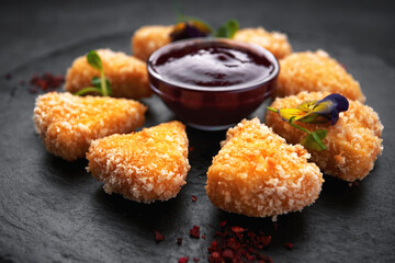 Fried cheese nuggets with berry sauce sauce