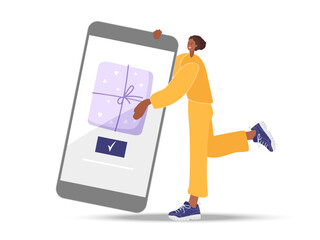 Online gift order. Online shopping. Woman stands and orders gift. Gift box on phone screen. Vector flat illustration isolated on white background. Internet shop, customer service, Smartphone apps.