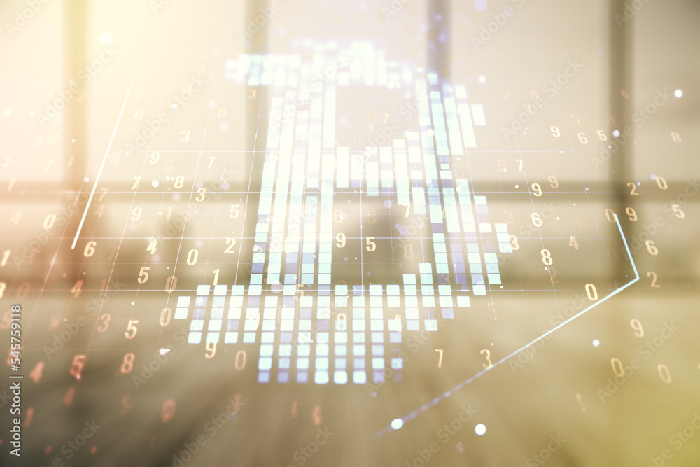 Poster Double exposure of creative Bitcoin symbol hologram on empty room interior background. Mining and blockchain concept