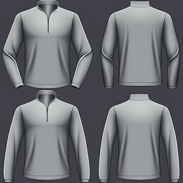 Blank Long Sleeves Collared Shirt With Half Zip Mock Up Template, Front, Side And Back Views, 3d Rendering, 3d Illustration