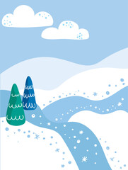 Winter landscape. Postcard with fir cones, snow-covered paths, snowdrifts, doodle elements.