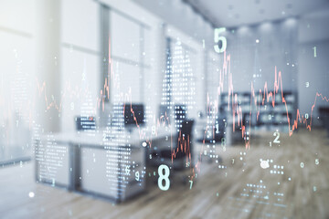 Abstract virtual financial graph hologram on a modern furnished office background, forex and...