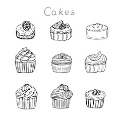 Cakes set vector illustration, hand drawing sketch