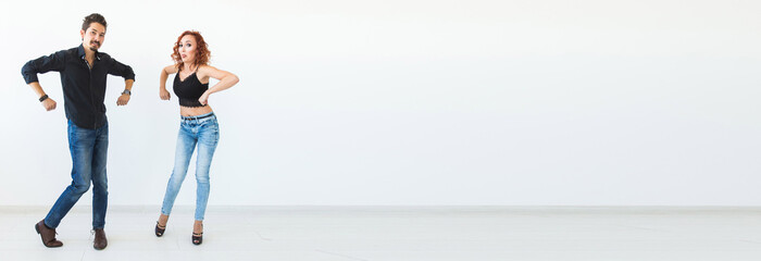 Banner social dance concept - Crazy dancing, cheerful couple over white background copy space