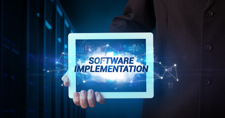 Person holding tablet, technology concept