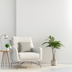 Modern minimalist interior with an armchair on empty white wall background.3D rendering