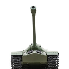 Military green tank on tracks with a cannon front view from below close-up isolated on a white transparent background.