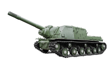Military green self-propelled artillery mount tank on tracks with a cannon front side view close-up...