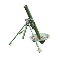 Military green mortar on tripod isolated on white transparent background.