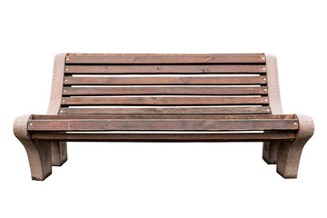 Brown comfortable park city bench with concrete legs close-up isolated on a white transparent background.