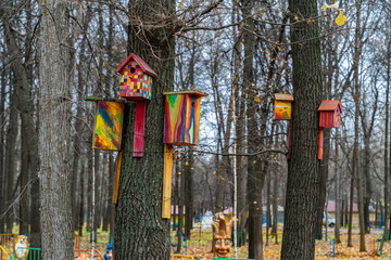 Colored painted wooden birdhouse tied to a tree trunk in a city park in autumn, several nesting boxes.