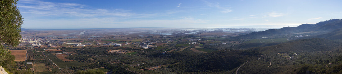 Fototapeta na wymiar View from Montsianell looking towards Amposta, Montsia, Deltebre, Ebro Delta, and the Mediterranean in Catalonia, Spain.
