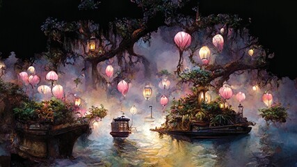 Pink flying lanterns in a fairy forest on the lake, fantasy landscape