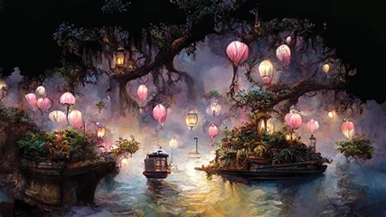 Wall murals Lavender Pink flying lanterns in a fairy forest on the lake, fantasy landscape