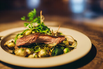 Vertical shot of Delicious tasty duck served with fried sprouts 3d illustrated