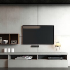 Tv shelf on the in modern living room the concrete wall,3d rendering