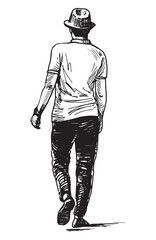 Sketch of casual citizen in hat walking outdoors