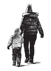Sketch of casual towns woman with child walking outdoors