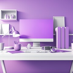 Work space in purple wallpaper design with desktop computer, stationary, decoration stuff on the desk and copy space 3D rendering, 3D illustration