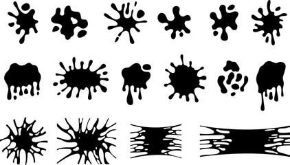 Black blobs, dribbling logo shapes. Drips and splash, amorphous abstract forms isolated. Ink trickle, melting drop and slime vector silhouettes