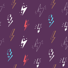 Flash lightning seamless pattern. Girlish doodle thunder print, fast sketch 80s style graphic. Energy and power retro background, electric classy vector print
