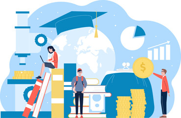 Finance investments in knowledge, learning for money. Leader graduate, people reading books and study online course. Scholarship recent vector scene