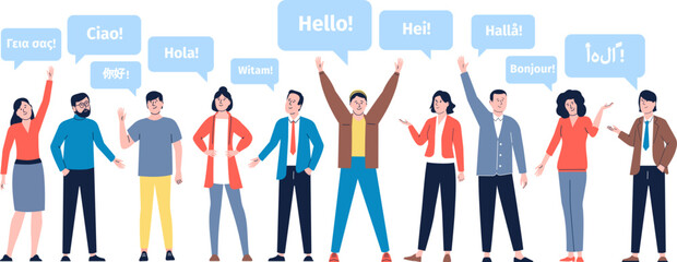 Greeting in native languages. Friendly multilingual people, diverse students communication. Welcome hello from foreigner, multicultural recent vector characters © LadadikArt