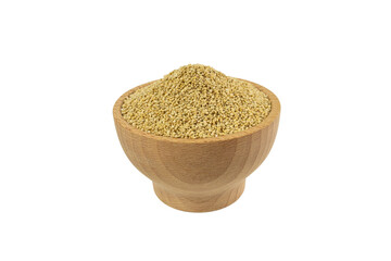 quinoa in wooden bowl isolated on white background. nutrition. food ingredient.