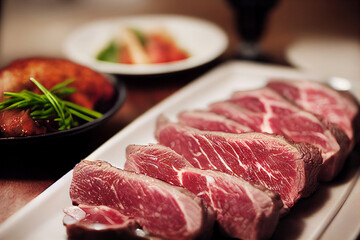 Fototapeta premium Vertical shot of fresh delicious beef with vegetable dressing 3d illustrated