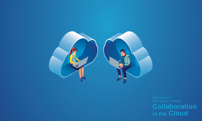 Computer technology server room digital device Isometric concept Cloud storage communication with the network Online devices uploads download information data in a database on cloud services vector