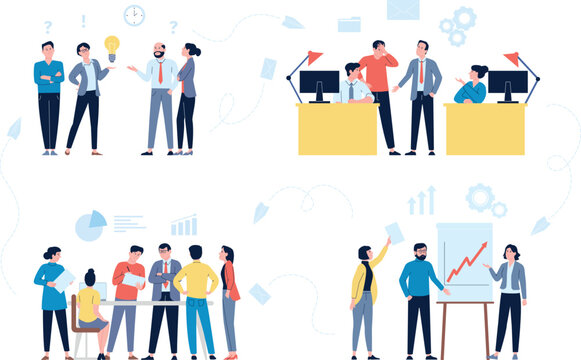Office managers workflow concept. Business people corporate group find solutions, working network process. Cartoon flat businessmen recent work together vector scenes