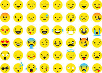 Flat yellow faces various emotional. Smiley face, cute isolated cartoon emoticon. Expression for emotions in social media, messages, conversation, tidy vector characters