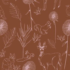 Vector seamless brown repeat pattern background with pink forest animal elements in a toile style. Great for fabric, wallpaper, scrapbooking and more. 