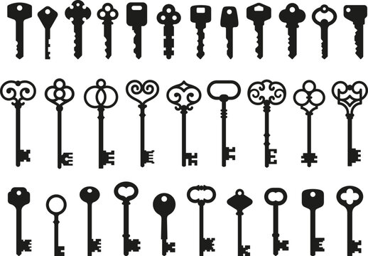Antique key silhouettes. Medieval and modern keys, black vintage shapes set. Open door symbols, privacy and escape. Abstract tidy vector elements