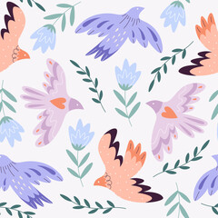 Decorative birds and flowers seamless pattern. Floral bird silhouette, swallow or dove flying decor. Scandinavian contemporary racy vector print design