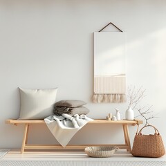 Interior mock up with wooden bench, rattan carpet , wooden shelf and stylish home accessories on white wall background. Scandinavian style 3D render, 3D illustration