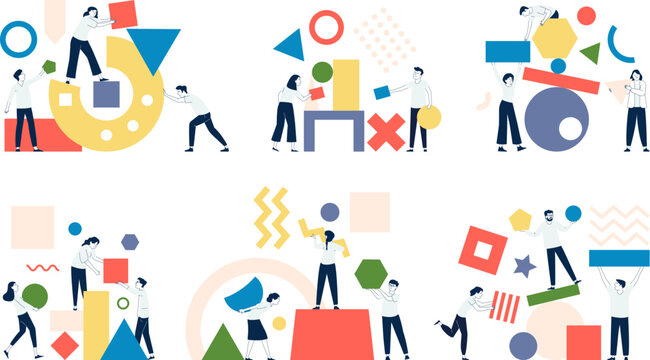 People collect colorful geometric shapes, team building and organize management. Abstract teamwork metaphor, business start up recent vector scenes