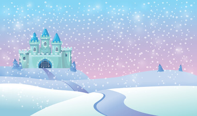 Fototapeta na wymiar Christmas greeting card in vintage style with ice princess castle
