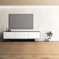 TV cabinet mockup in empty room with wooden floor, 3d rendering