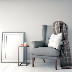 Minimalistic modern interior with an armchair and a plaid, mockup for your design. You can use this mockup to display your artwork on the wall or wallpaper. 3D render.