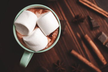 Hot chocolate drink with marshmallow in a cup on wooden board with cinnamon and star anise, top view