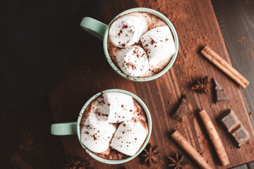 Hot chocolate drink with marshmallow in a cup on wooden board with cinnamon and star anise, top view